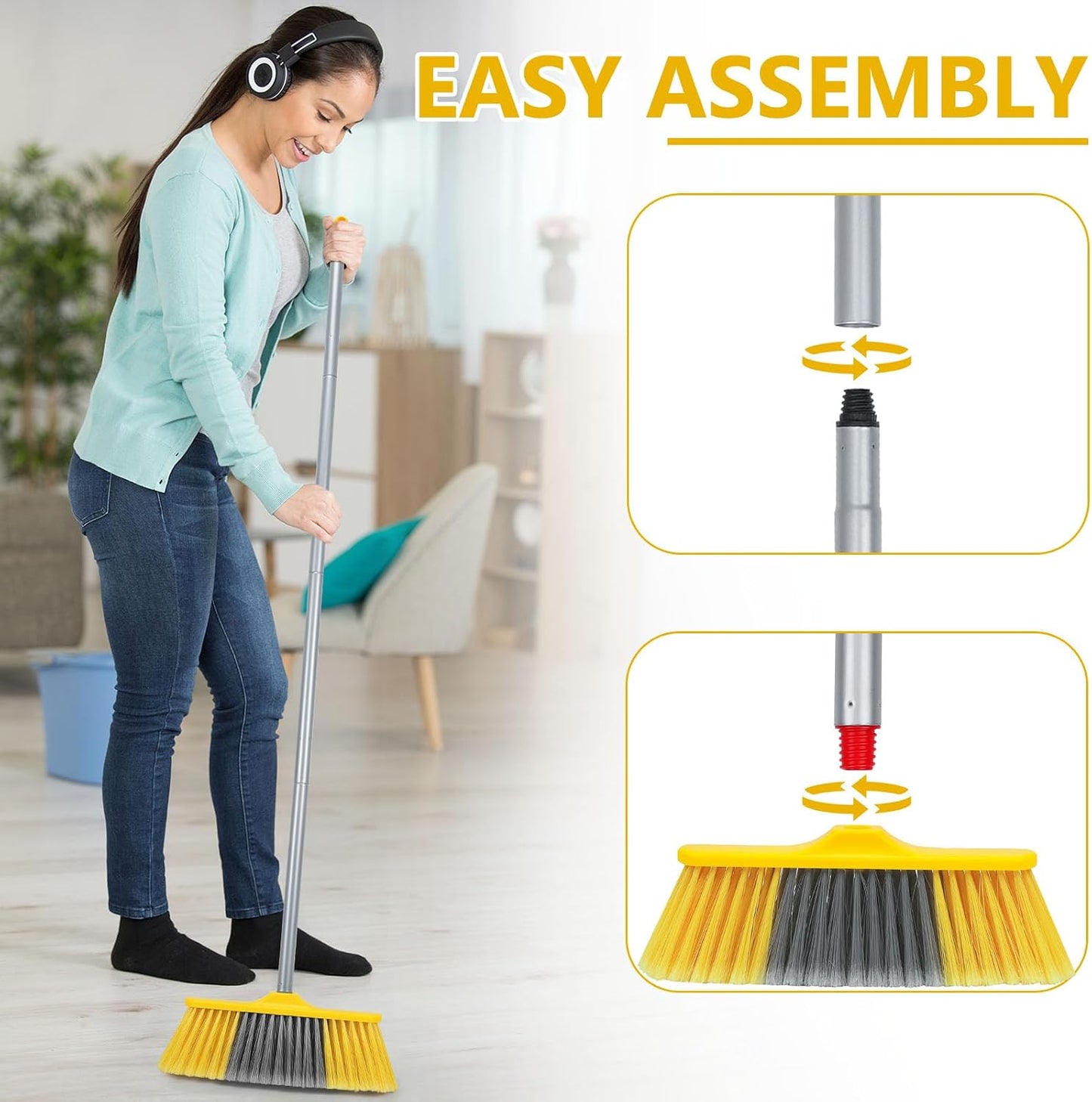 Indoor Broom for Floors 55β Soft Bristle Brooms for Sweeping Indoor/Outdoor to Clean Kitchen, Lobby, Office, Hardwood, Tile, Concrete, Patio, Deck-Yellow