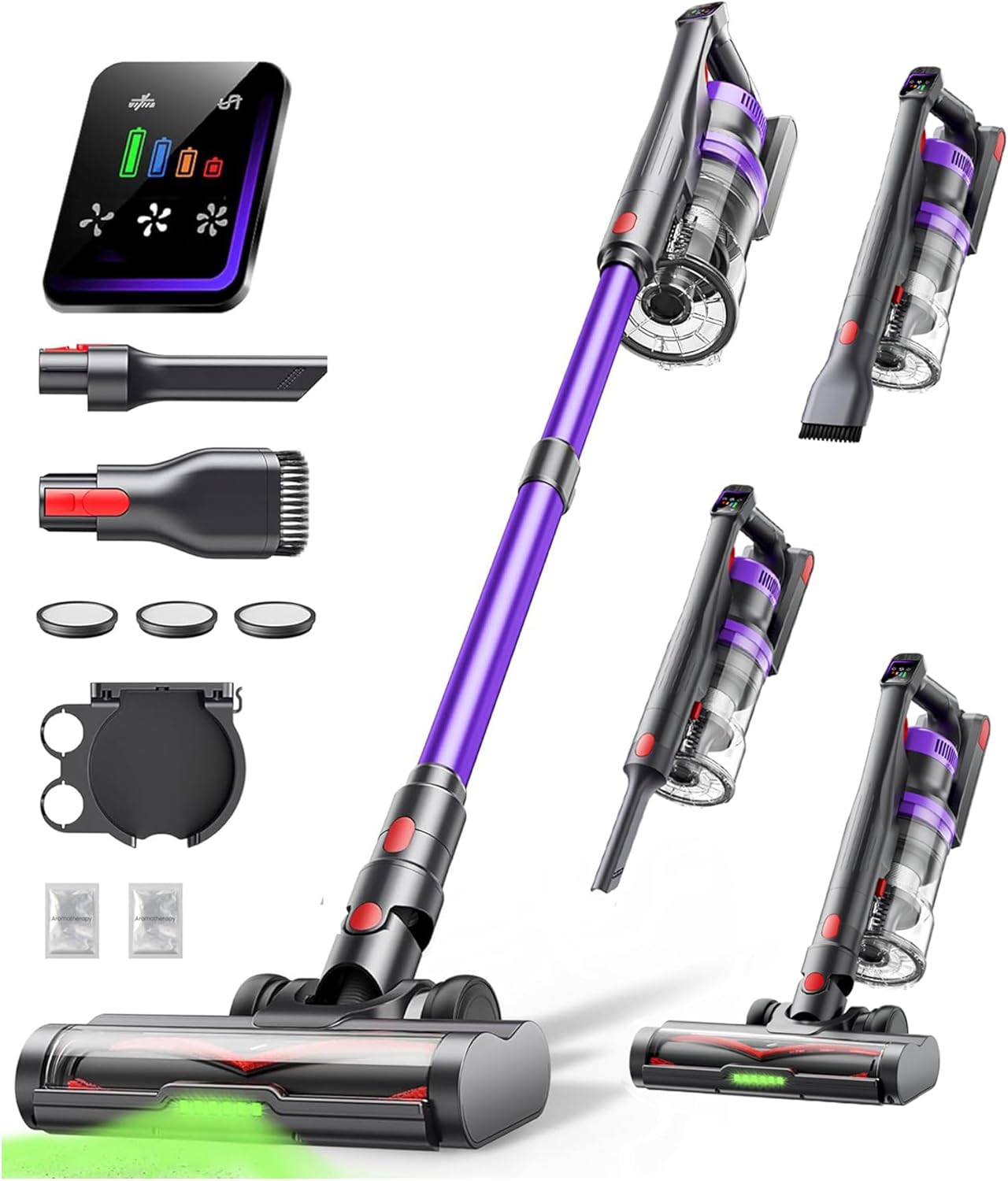 Cordless Vacuum Cleaner, 55KPa 650W Stick Vacuum for Home, 60Mins Runtime, 1.8L XL Dust Cup, Green LED Anti-Tangle Brush & Fragrance, for Pet Hair Carpet Hard Floor