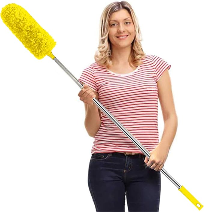 Microfiber Feather Duster Extendable Cobweb Duster with 100 inches Extra Long Pole, Bendable Head & Hat for Cleaning Ceiling F