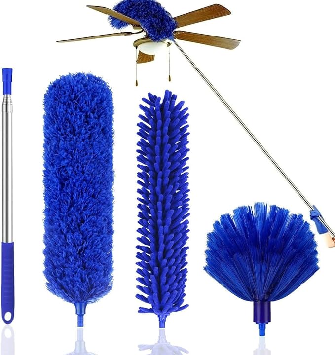 Microfiber Duster Kit Ceiling Fan Duster with Extendable Pole 100" Telescoping Cobweb Duster for Cleaning, Bendable Head Washable Duster fo