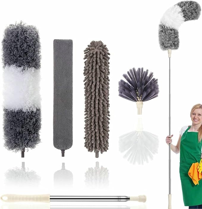 Microfiber Duster Kit Ceiling Fan Duster with Extendable Pole 100" Telescoping Cobweb Duster for Cleaning, Bendable Head Washable Duster fo