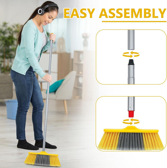 Indoor Broom for Floors 55” Soft Bristle Brooms for Sweeping Indoor/Outdoor to Clean Kitchen, Lobby, Office, Hardwood, Tile, Concrete, Patio, Deck-Yellow