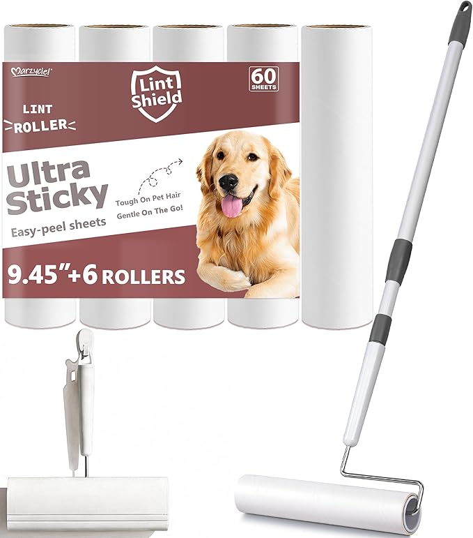 Large Lint Rollers for Pet Hair, 9.45'' Long Handled Lint Roller,6 Replaceable Rolls for Cleaning Carpets, Clothing, Couch, Furnitu