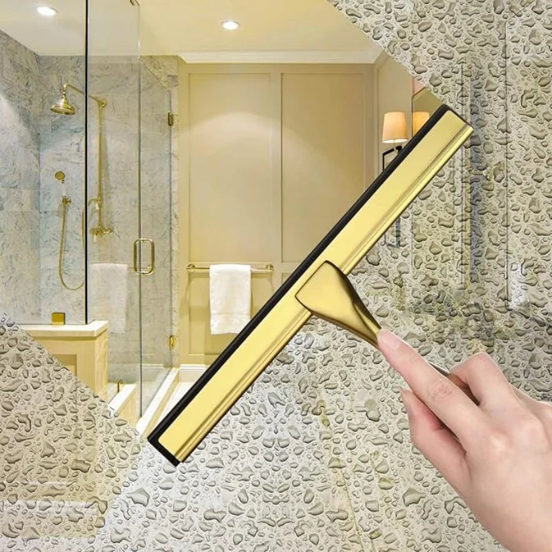10-Inch Golden Stainless Steel Handheld Squeegee for Bathroom Glass Window Cleaning Home Household Silicone Head Scrubber