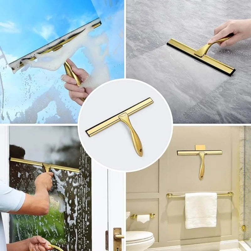 10-Inch Golden Stainless Steel Handheld Squeegee for Bathroom Glass Window Cleaning Home Household Silicone Head Scrubber