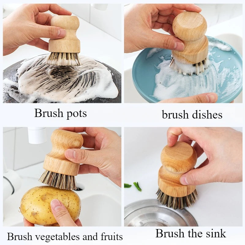 2-Piece Set Kitchen Cleaning Brush Wooden Dish Brush with Natural Sisal and Coconut