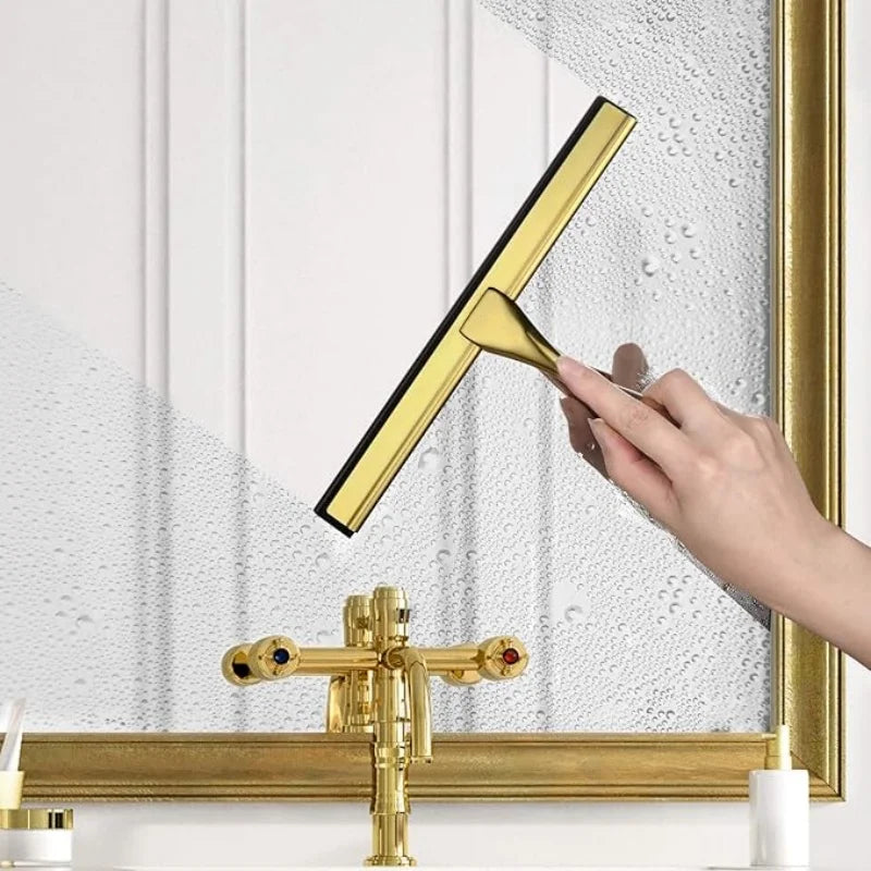 10-Inch Golden Stainless Steel Handheld Squeegee for Bathroom Glass Window Cleaning Home Household Silicone Head Scrubber